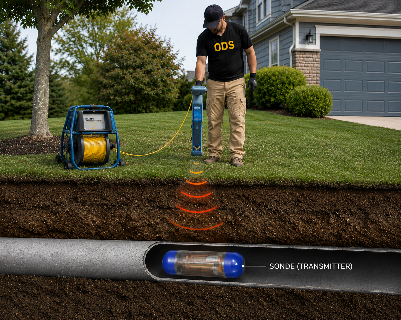 Omega Drain Services technician locating an underground sewer line