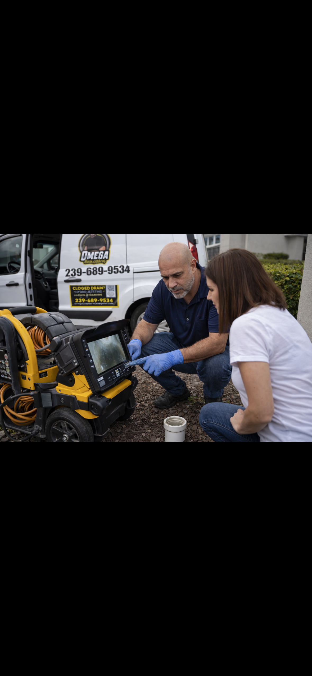Omega Drain Services technician reviewing a camera inspection with a customer
